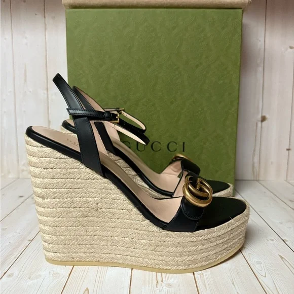 Gucci Nappa Matelasse GG Marmont Platform Espadrille Wedges Black Sz 41.5 / 11.5 - Picture 3 of 11